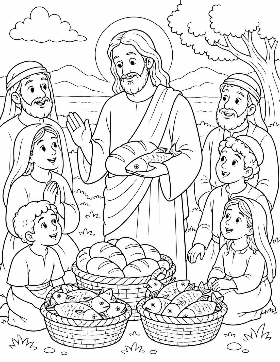 Jesus Blesses the Loaves and Fish coloring page preview